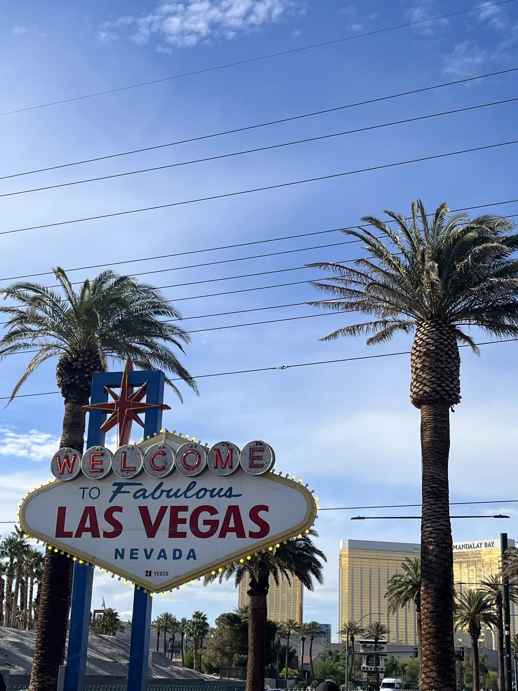 Welcome to Fabulous Las Vegas Nevada sign with palm trees and Mandalay Bay in the background